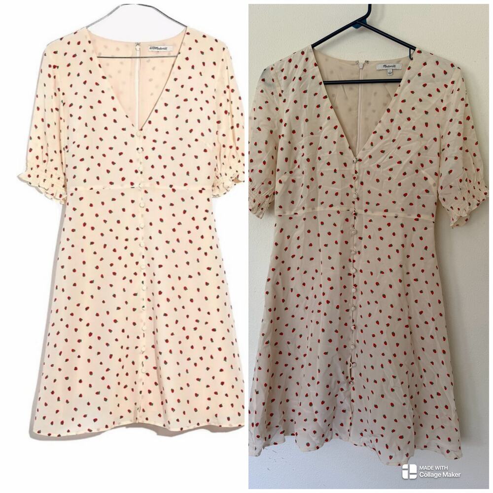 Madewell Silk Clover Button-Front Dress in Fresh Strawberries Vintage Lace SZ 2